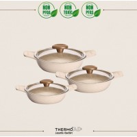 Thermoad Döküm Saplı Güveç Sahan Set | 6 Parça | Vizon |18cm-20cm-22cm